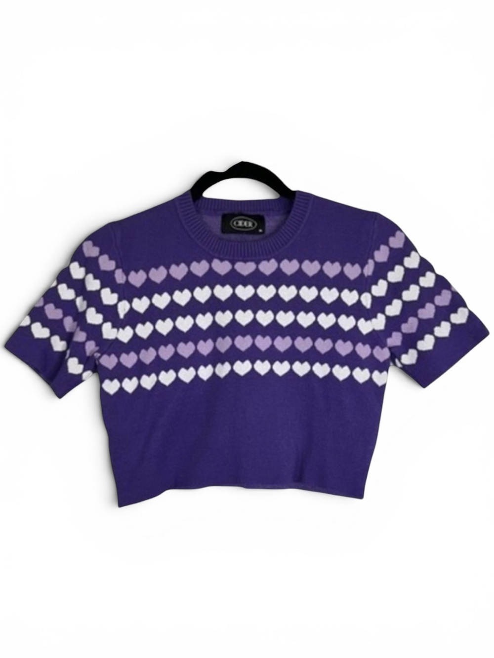 Cider Purple Heart Pattern Short Sleeve Knit Crop Sweater Top - Size XL